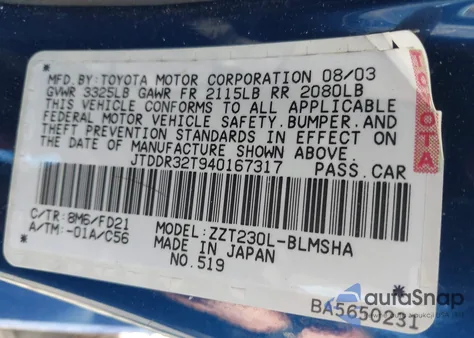 2004 Toyota Celica Gt из США, поврежденный, VIN JTDDR32T940167317